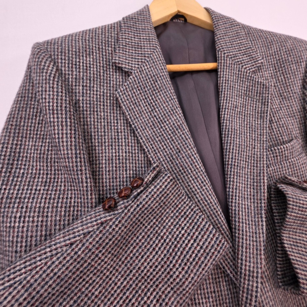 Stafford Vintage 100% Pure Wool Blazer Mens 38S Gray Blue Houndstooth Sport Coat